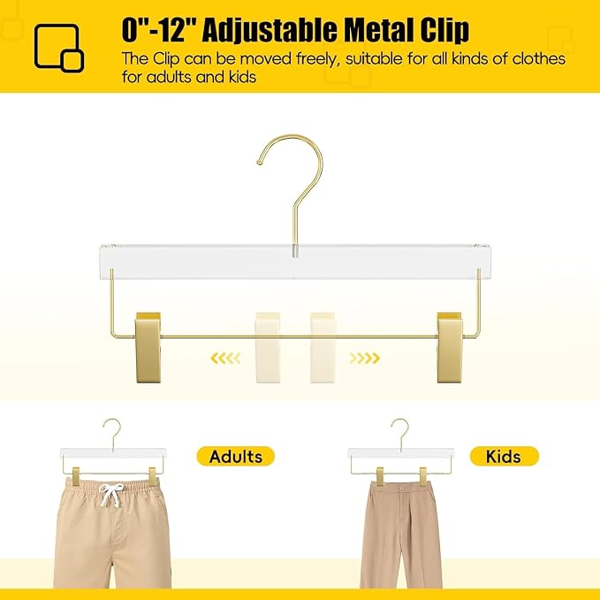 Gold Acrylic Pants Hangers 30 Pack with Adjustable Clips | Non-Slip & Heavy Duty Hangers for Pants, Skirts, Jeans, Trousers, Scarves, Adults & Kids, Clothing Closet Storage - Image 5