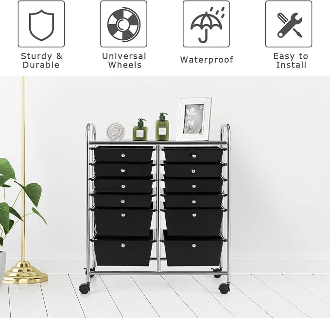12 Drawer Rolling Storage Cart, Craft Cart Organizer on Wheels w/Metal Frame, Large Capacity & Smooth Drawer, Rolling Cart w/Drawers for Classroom, Office - Image 5