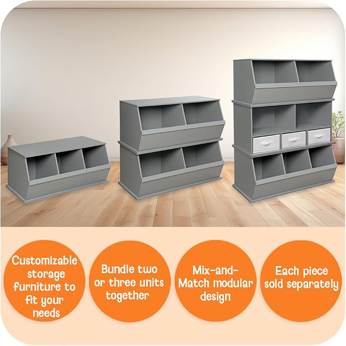 Badger Basket Two Bin Stackable Toy Storage Cubby Organizer – Modular Storage for Toys, Books, and Crafts – Solid Wood Panel – Gray - Image 3