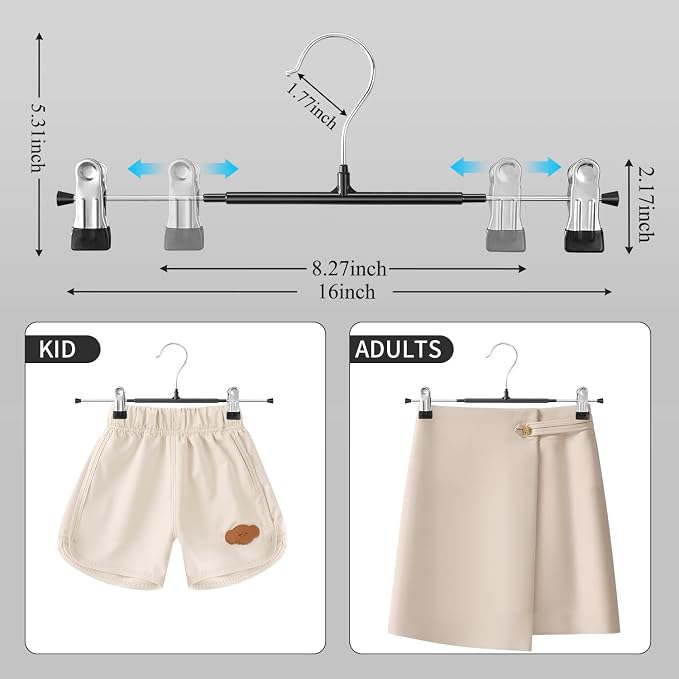 HUADYMEET 16 Inch Extra Wide Pants Skirt Hangers with Clips,Black,20 Pack | Metal,Extended-Length,Non-Slip,Adjustable,Heavy Duty Hanger for Jeans Shorts Clothes Slacks Trousers,For Adult Men Women - Image 4