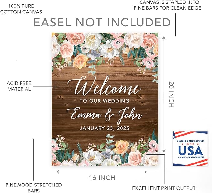 Andaz Press Custom Large Canvas Wedding Guest Book Alternative, 16 x 20 Inches, Rustic Wood Florals Vertical Personalized Sign Our Canvas Guest Book Signs for Wedding Rustic Woodland Theme Events - Image 2