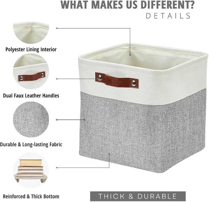 DECOMOMO Cube Storage Bin 13x13, Fabric Storage Bins | 4 Pack, Storage Baskets for Shelves, Kallax Storage Cubes (Grey & White) - Image 3
