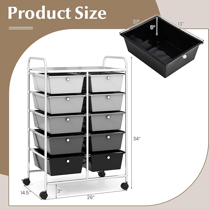 RELAX4LIFE Rolling Storage Cart with 10 Drawers - Craft Storage Cart with Lockable Wheels,Utility Cart, Art Cart Organizer for Crafting Storage, Office, School Rolling Drawer Cart (Gradient Black) - Image 3