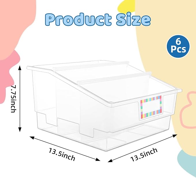 Lineshading 6 Pack Picture Book Organizer Bins with Dividers Large Plastic Book Holders with Labels Multi Purpose Classroom Organization Bins Storage Container(Clear,13.5 " X 13.5 " X 7.75") - Image 2