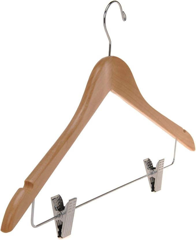 Quality Wooden Skirt Hangers with Clips, 20-Pack Semi Curved, Smooth Solid Wood Pants Hangers with Durable Adjustable Metal Clips, Swivel Hook, Coat, Jacket, Blouse Suit Hangers (Natural, 20) - Image 5