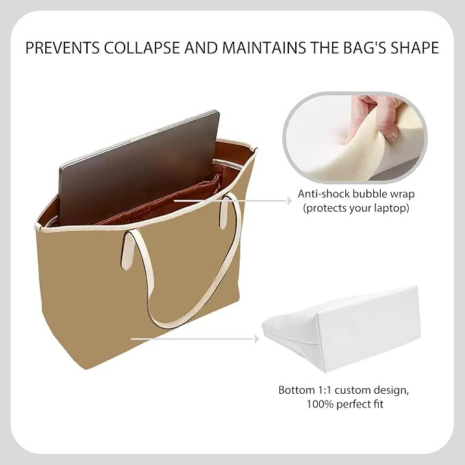 Laptop Sleeves Purse Organizer Insert for Coach City Tote 33, Lightweight Dupont Paper Tote Bag Organizer Storage Dividers with Cup Holder, 7 Pockets Bag Insert with Zipper,White-Brown - Image 4