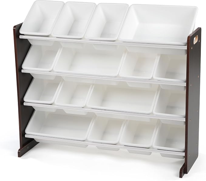 Humble Crew Kids Toy Organizer with 16 Bins, 4 Tier Storage for Playroom | Sturdy wood and steel toddler shelf, removable BPA-free containers, wall anchor anti-tip safety kit for bedroom or classroom by HumbleCrew