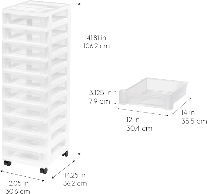IRIS USA 10-Drawer Rolling Storage Cart, White/Clear | Keep classroom supplies, teacher essentials, craft materials, and learning tools organized with easy-access drawers. - Image 3