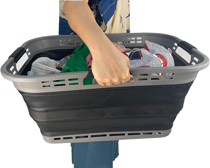 SAMMART Set of 2 Collapsible Plastic Storage Basket - Foldable Pop Up Storage Container - Portable Laundry Organizer - Space Saving Hamper (Grey/Black, 42L (Style A)) - Image 8