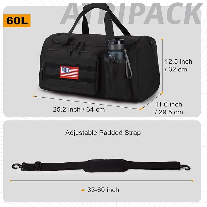 Tactical Gym Bag for Men, 60L Duffle Bag with Shoes Compartment for Travel | Water-Resistant Sports Weekender Bag with Adjustable Shoulder Strap Wet Pocket for Gym,Travel,Hiking,Camping Overnight Trips - Image 4