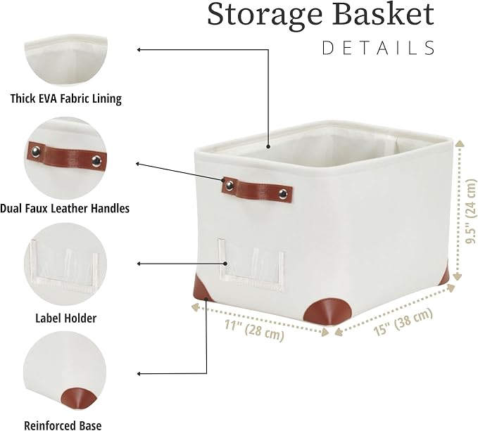 DECOMOMO Storage Bins, Large Fabric Storage Baskets for Shelves 3 Pack | 15 x 11 x 9.5 inches Decorative Linen Closet Organizers with Handles (Creamy White) - Image 3