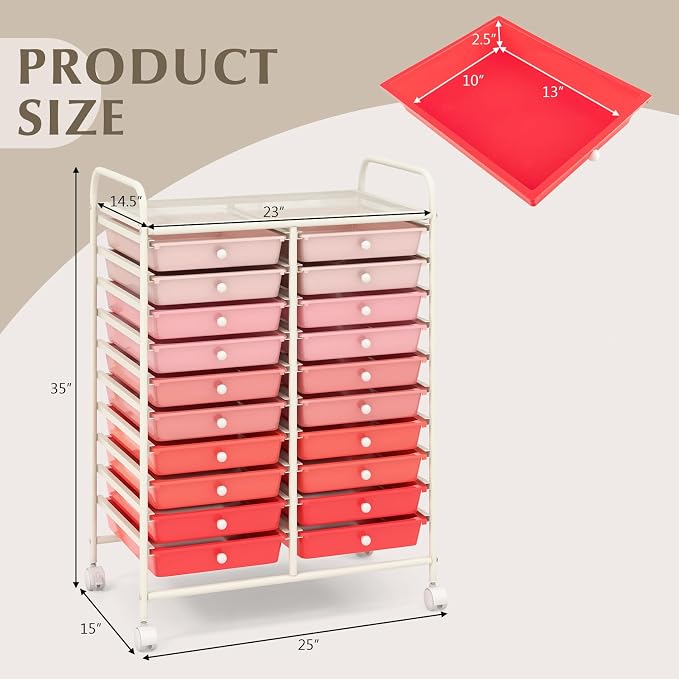 RELAX4LIFE 20 Drawer Rolling Storage Cart, Mobile Rolling Cart w/Drawers for School Classroom Teacher Office Home Salon, Paper File Art Supply Craft Organizer, Utility Cart on Wheels (Gradient Pink) - Image 3