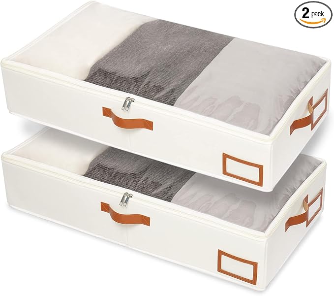 Yawinhe 27L Under Bed Storage Containers,2 Pack Blanket Bags,Beige | Foldable Underbed Storage Bins for Linen Sheets; Closet Organizer with Clear Window and 4 Handles, for Clothing by Yawinhe