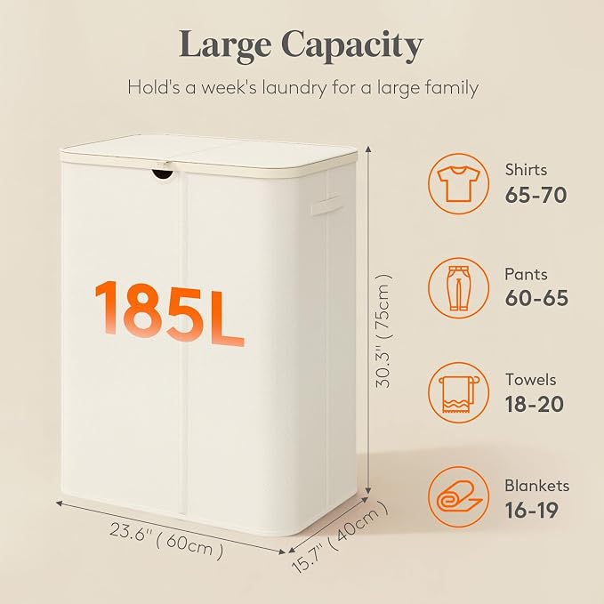 Lifewit 185L 3 Section Laundry Hamper with Lid, Laundry Basket, White | Large Foldable Laundry Sorter with 3 Removable Bags, Tall Clothes Hamper for Bedroom and Bathroom - Image 2