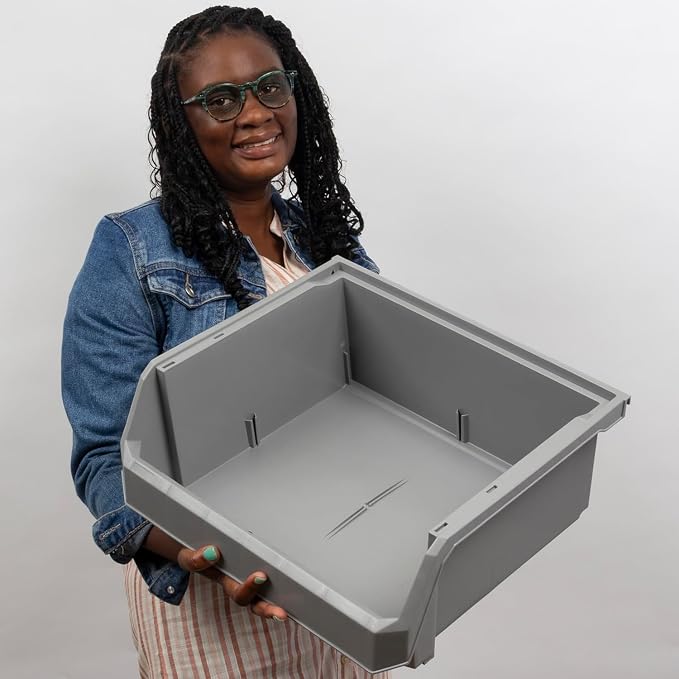 Extra Large Stackable Plastic Storage Bins, 4-Pack, Grey | Open-Front Stackable Bins For Garage, Pantry, Closet & Office, 14,8"L X 16,5"W X 7"H, Nests When Empty, Durable Plastic, - Image 2