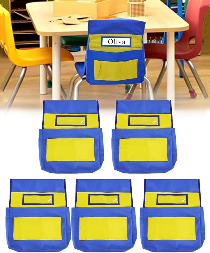 5 Pcs Chairback Buddy Organizer Pockets with Name Tag Slot - Classroom Kids Seat Hanging Storage Bag for Preschool Daycare, With 6 Pockets for Organizing School Supplies by BEMAXYE