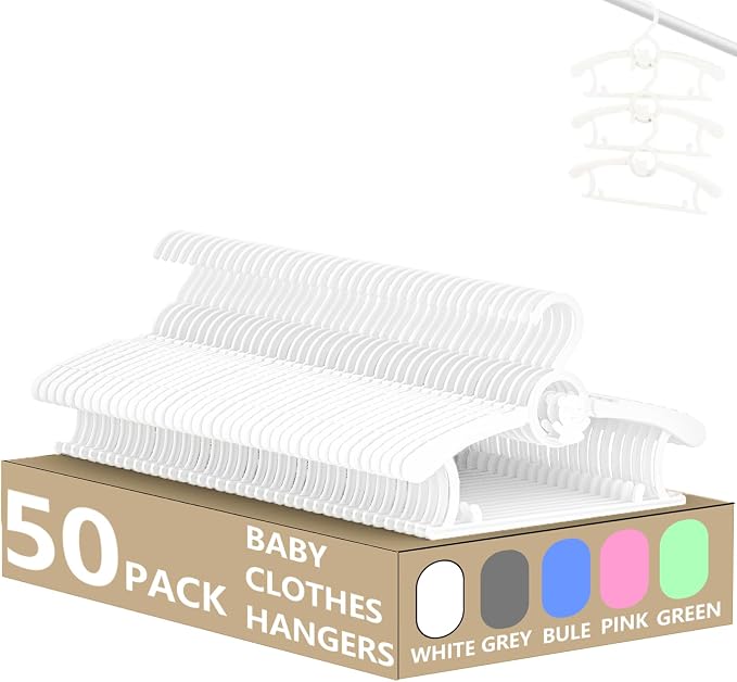 Baby Clothes Hangers 50 Pack, Plastic Kids Hangers Space Saving for Closet | White Hanger for Toddler Girl and Boy, Lightweight Anti-Slip Cascading Padded Extendable Adjustable Pant Bear Children Hangar by HGYZE