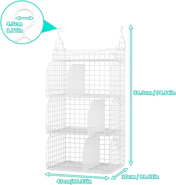 HapiRm Hanging Closet Organizer Storage - 3 Tier Metal Stackable Hanging Closet Shelves with Dividers and S Hooks, Foldable Clothes Shelves for Clothes, Pants, Shoes, Coat, Hats Clutches Accessories - Image 3