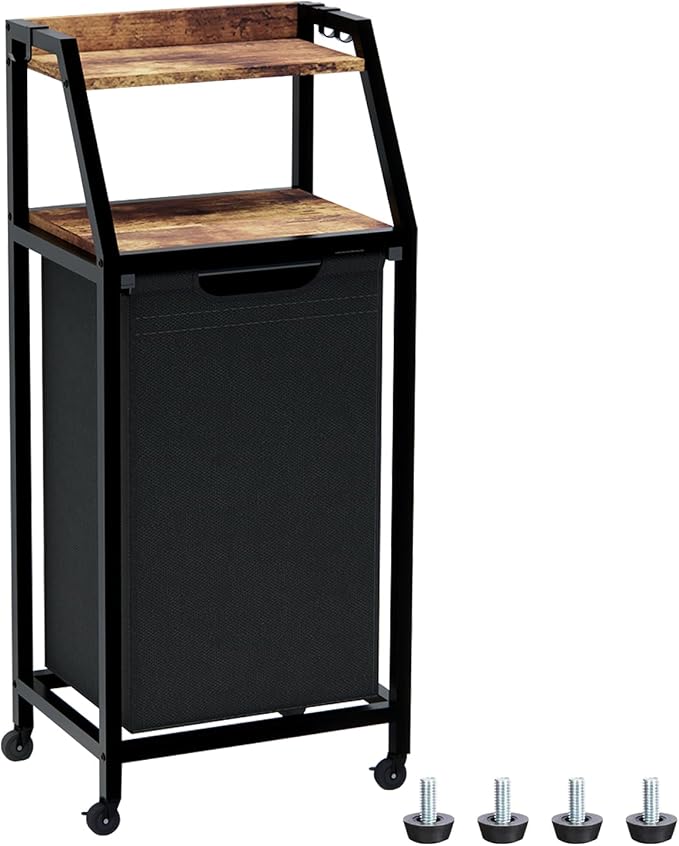 Laundry Hamper, Laundry Sorter, Rolling Laundry Basket with Wheels, 2 Shelves, 18 Gal(68L), Pull-Out and Removable Oxford Fabric Bags, for Laundry Room, Black and Rustic Brown by Timberer