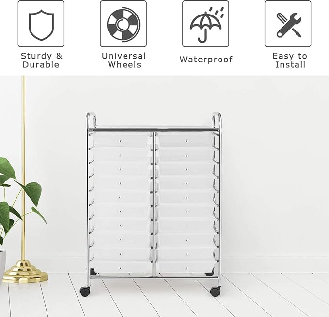 Giantex Storage Drawer Carts, 20-Drawer Organizer, Utility Cart on Wheels, Semi-Transparent Multipurpose Cart for Home Office School Supplies Tools Scrapbook Paper - Image 5