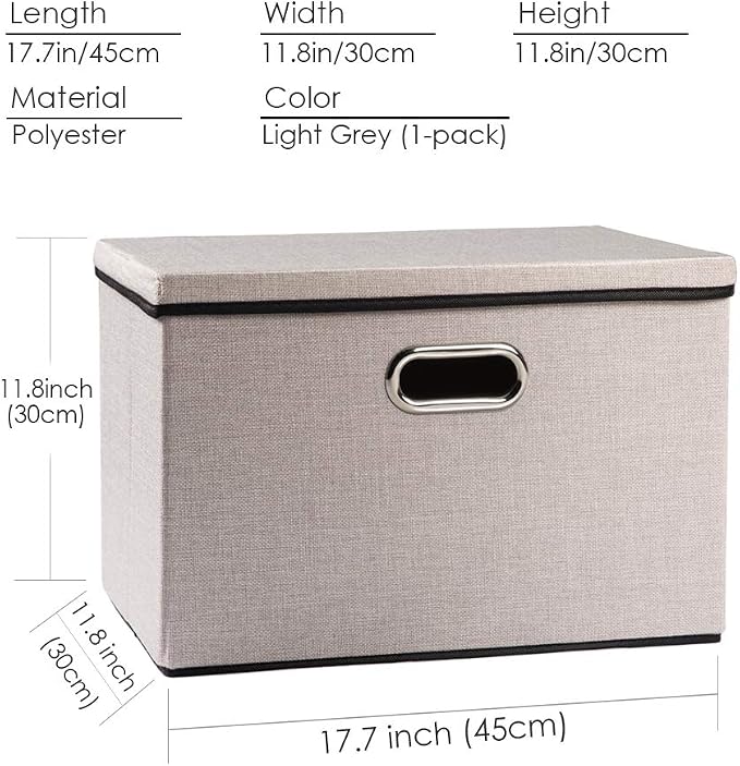 Large Foldable Storage Bin with Lid [1-Pack] Linen Fabric Decorative Storage Box Organizer Container Basket Cube with Handles Divider for Closet Office Living Room Light Grey(17.7x11.8x11.8) - Image 6