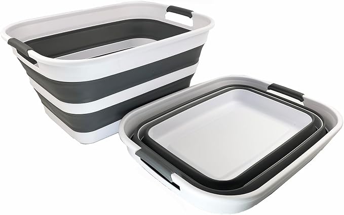 SAMMART 27L (7.1 Gallons) Collapsible Plastic Laundry Basket with Handle-Foldable Pop Up Storage Basket with handle (2, White/Steel Grey) - Image 2