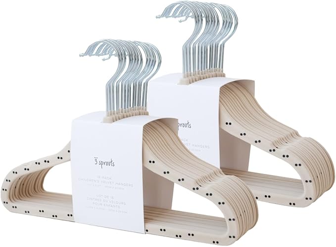 3 Sprouts Velvet Baby Hangers, Non Slip Slim, Double Dot Beige, 30 Pack | Non-slip velvet, Notched shoulders, 360-degree swivel hook, 11.75 x 8 in, Infant and toddler clothes, Soft colors for nursery by 3Sprouts
