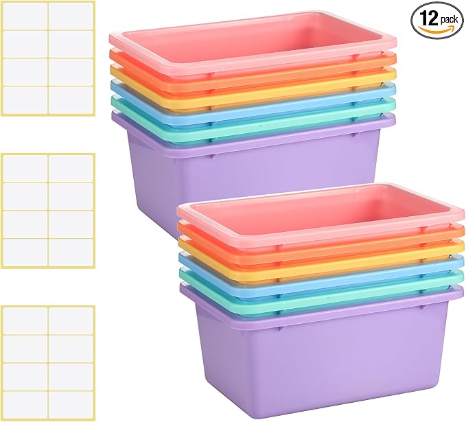 Zonon 12 Pcs Plastic Cubby Storage Bin Back to School Classroom Cubby Organization Storage Container with 1 Pack Self Adhesive Label for Office School Library(Macaron Color,11.61 x 7.68 x 4.92) by Zonon