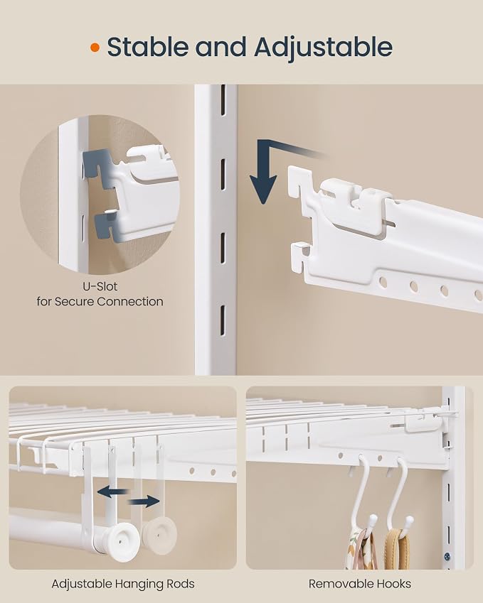 SONGMICS HOME Closet System, Closet Insert Organizer, 2-4 ft Closet Shelves | Adjustable Metal Shelving Unit, 2 Hanging Rods, 2 Shelves, Hooks, Pearl White and Cloud White, PATRIA Collection URGR030W01 - Image 5