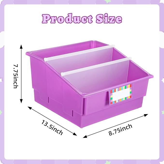 Lineshading 6 Pack Picture Book Organizer Bins with Dividers Large Plastic Book Holders with Labels Multi Purpose Classroom Organization Bins Storage Container(Rainbow Color,13.5 " X 13.5 " X 7.75") - Image 2