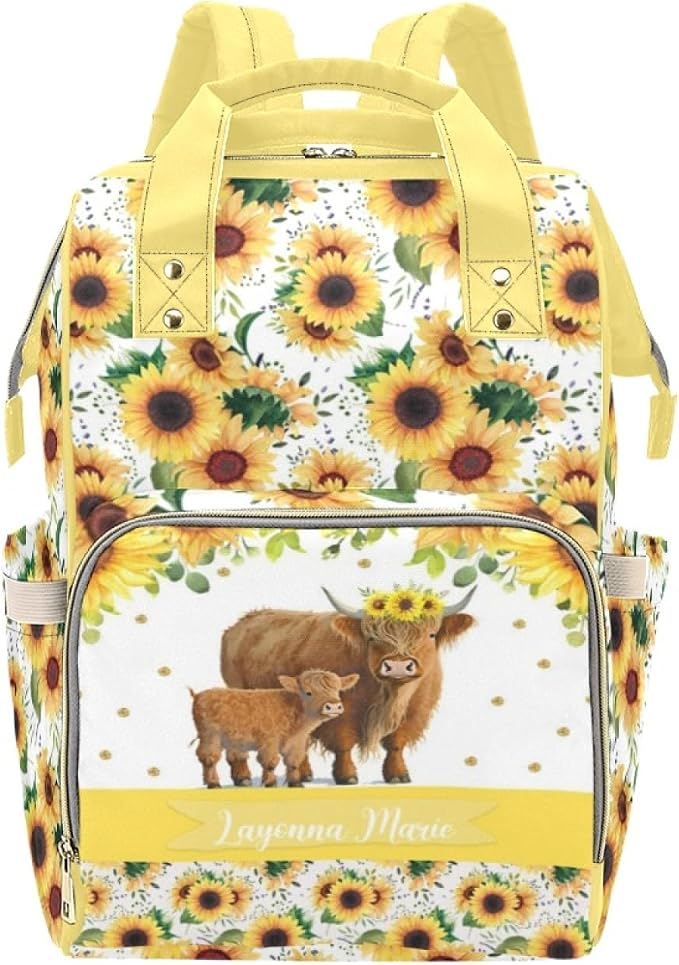 Custom Sunflower Cow Diaper Bag for Women, Personalized Name Multifunction Nylon Nursing Mommy Daypack with Large Capacity for Travel, Birthday Mother Gift by Noverbibi