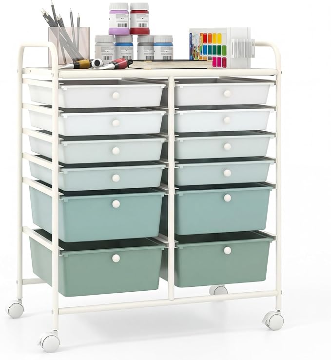 Giantex 12 Drawers Rolling Storage Cart, Classroom Organizers with Wheels for Tools Scrapbook Craft Paper Teacher Office School Supplies, Green Gradient by Giantex