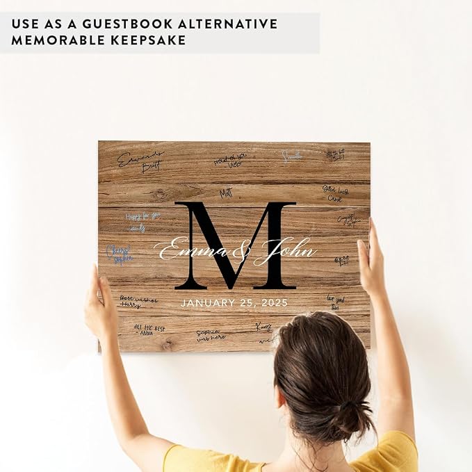 Andaz Press Custom Large Canvas Wedding Guest Book Alternative, 16 x 20 Inches, Rustic Wood Monogram Horizontal Personalized Sign Our Canvas Guest Book Signs For Wedding Rustic Woodland Theme - Image 6