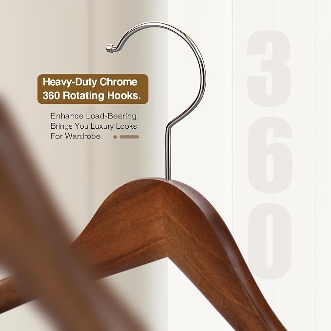 Coat Hangers 10 Pack Suit Hangers for Men for Women,Wide Shoulder Wooden Hangers with Retotating Hooks & Non Slip Pants Bar,Smooth Finish Suit Hanger for Sweater, Pants, Heavy Clothes(Walnut) - Image 3
