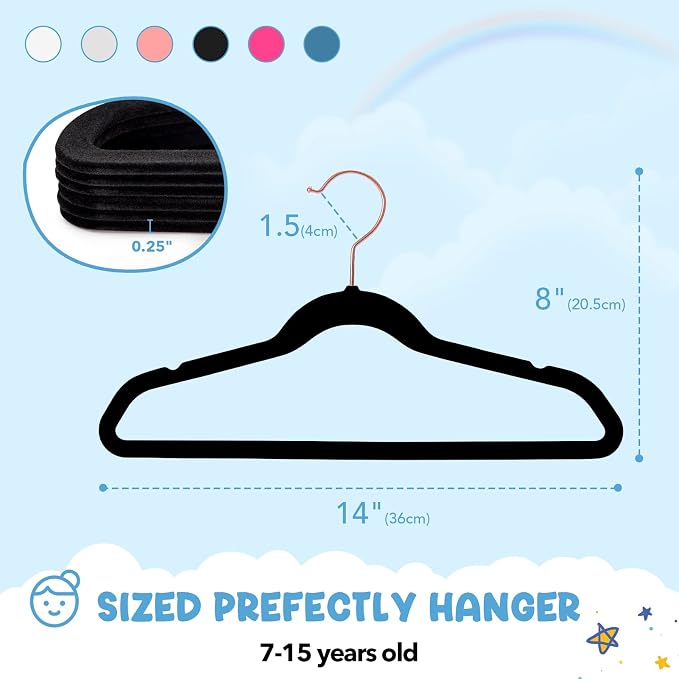 House Day Velvet Kids Hangers 60 Pack, Premium Children Hangers for Closet | Black Ultra Thin Cute Non Slip Kid Felt Clothes Hanger 14 Inch, Small Hanger for Toddler Clothes +360° Swivel Rose Gold Hook - Image 7