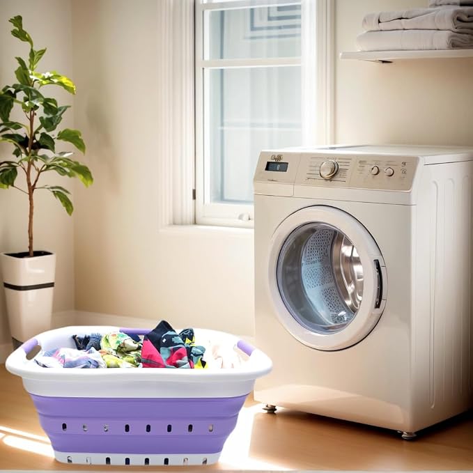 SAMMART 41L (10.8 gallon) Set of 2 Collapsible 3 Handled Plastic Laundry Basket-Foldable Pop Up Storage Container/Organizer-Space Saving Hamper/Basket (2, White/Lt. Purple) - Image 5