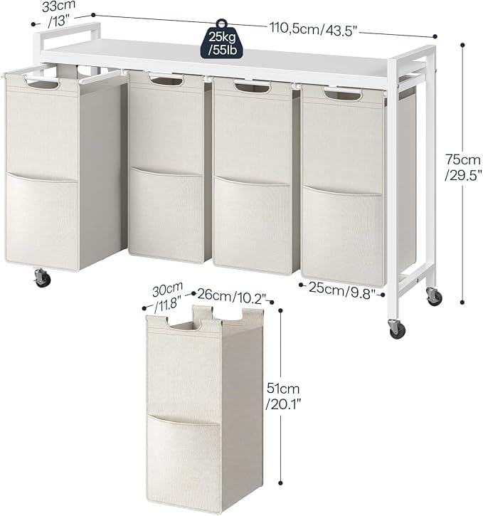 HOOBRO Laundry Sorter 4 Sections, Laundry Hamper with Wheels, 4 × 10.5 Gal (40 L), Rolling Laundry Basket, Pull-Out and Removable Oxford Fabric Bags, White WG04XY01 - Image 3