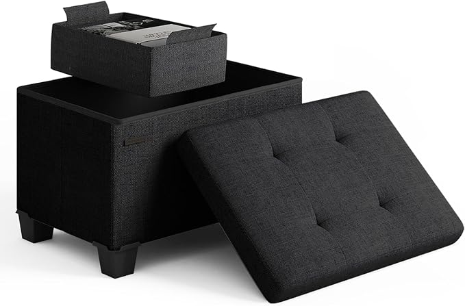 Storage Ottoman Cube with Small Bin, 16-in Square Ottoman with Storage for Living Room and Bedroom, Small Ottomans Foot Rest, Fabric Foot Stools Ottomans Max 330lbs, Black by STORAGEBUD