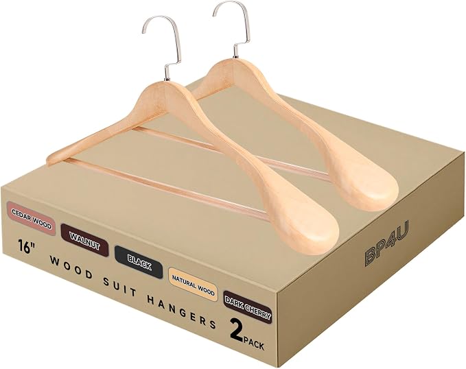 Wooden Suit Hangers with Non Slip Pants Bar, Natural Wood, 2-Pack, 16" | Wood Extra-Wide Shoulder Hangers, Flat-Head Hook Hangers for Suits, Coats, Jackets, Shirts, Pants, and Heavy Clothes by BP4U%E2%84%A2