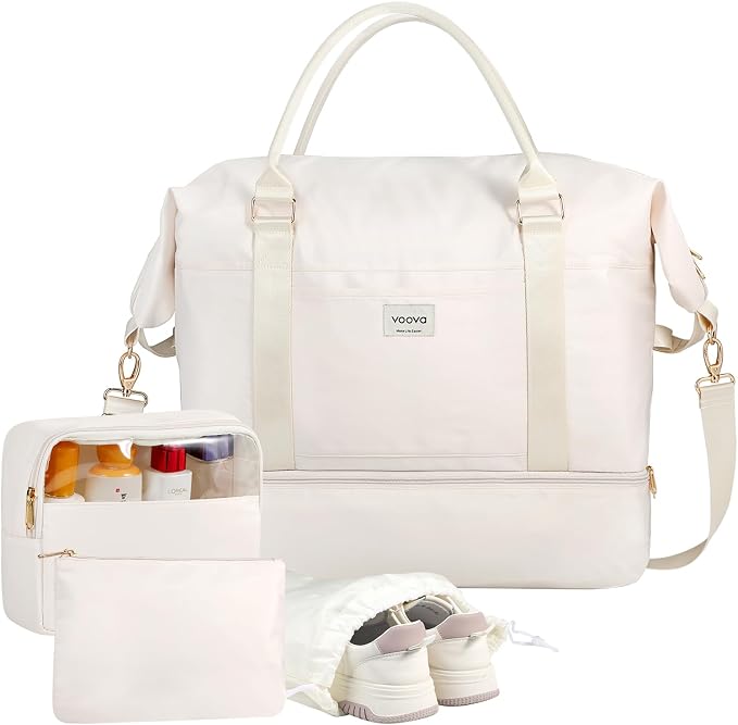 Voova Weekender Duffle Bag Set with Shoe Compartment, 4 Piece, Beige | Carry-on travel set includes weekender, shoe bag, toiletry bag and makeup pouch for organized overnight trips by Voova
