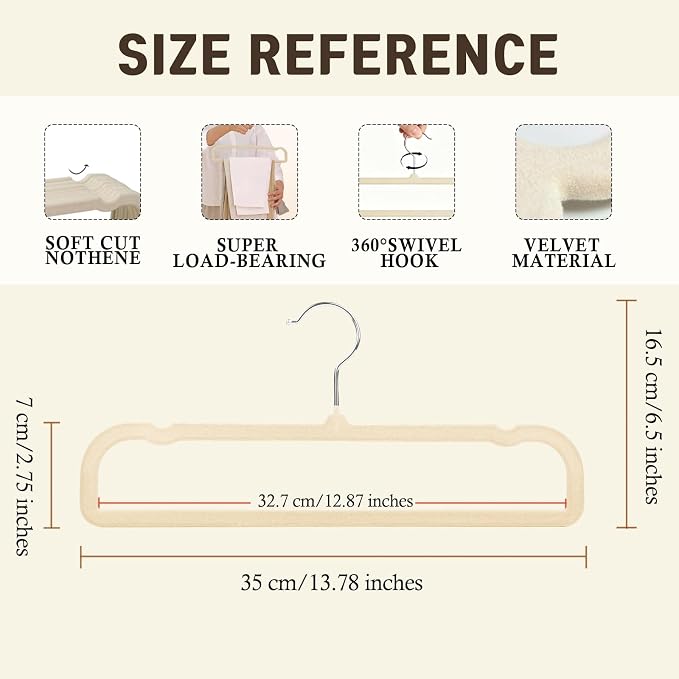 Pants Hangers Non Slip - 20 Pack Velvet Hangers for Closet - Thin Space Saving Clothes Hanger - Strong, Durable, Perchas Terciopelo with 360° Rotatable Hook for Jean, Tank Top, Bra, Shorts (Beige) - Image 2
