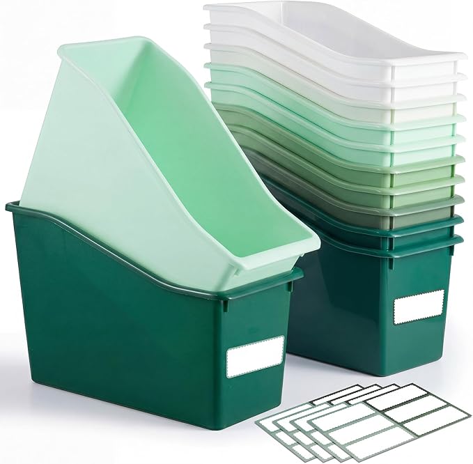 Geetery 12 Pcs Book Bin for Classroom with Labels Stackable Plastic Organizing Bins 11.5 x 5.4 x 7.5 in Book Holders Storage Bins Box Baskets for Classroom Library Home (Green Color Scheme) by Geetery