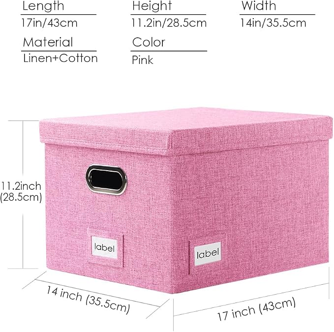 File Organizer Box - Set of 2 Collapsible Decorative Linen Filing Storage Hanging File Folders with Lids Office Cabinet Letter/Legal Size Pink (17x14x11.2 inch) - Image 6