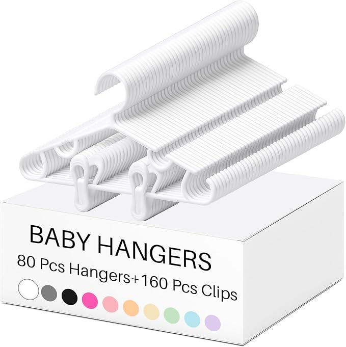 Hsei Kids Hangers with Clips Baby,80 Packs Total,White,10.6 Inch | For Toddler Pants Skirts Coat Organizer, Nursery Closet Wardrobe Storage, Lightweight Plastic, Daycare Preschool Baby Shower by Hsei