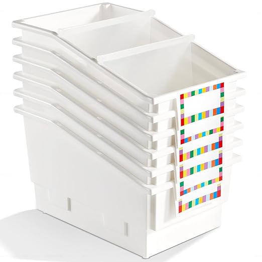 6 Pack Picture Book Bins with Dividers Plastic Book Holders with Labels Stackable Classroom Organization Bins Magazine File Binder Holder Storage Container for Classroom Library Home Office(White) by gisgfim