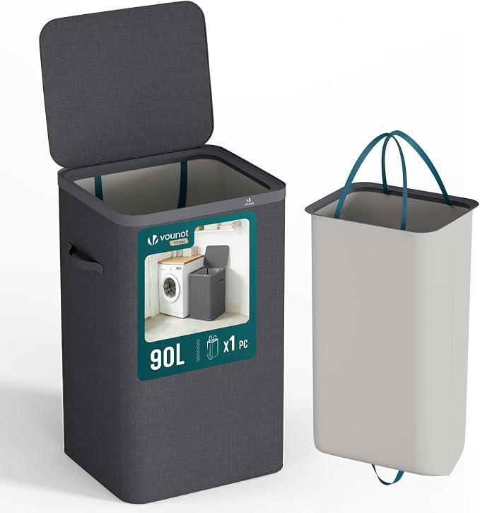VOUNOT® 90L Laundry Basket with Lid, Rectangular Laundry Hamper with Removable Bag & Handles, Foldable Laundry Bin for Bedroom, Bathroom, Utility Room, Anthracite by VOUNOT