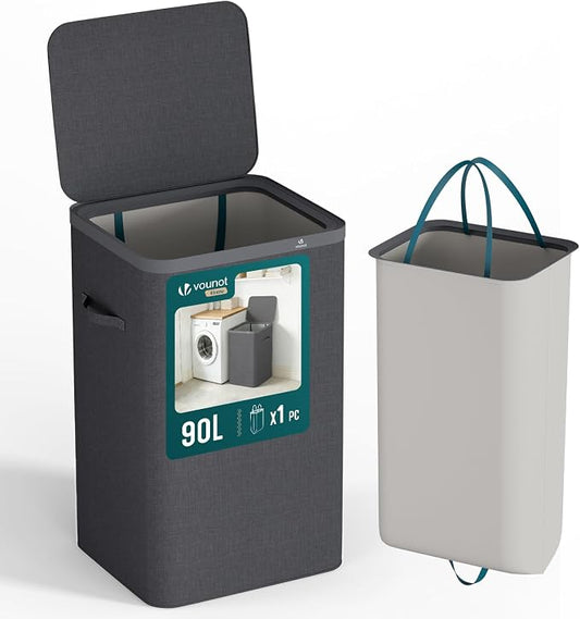 VOUNOT® 90L Laundry Basket with Lid, Rectangular Laundry Hamper with Removable Bag & Handles, Foldable Laundry Bin for Bedroom, Bathroom, Utility Room, Anthracite by VOUNOT