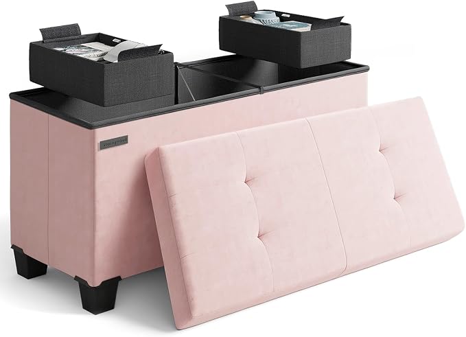 Storage Ottoman Bench with Bins, 30-in Storage Bench for Bedroom End of Bed, Folding Foot Rest Ottoman for Living Room Max 660lbs, Velvet Ottomans, Pink by STORAGEBUD