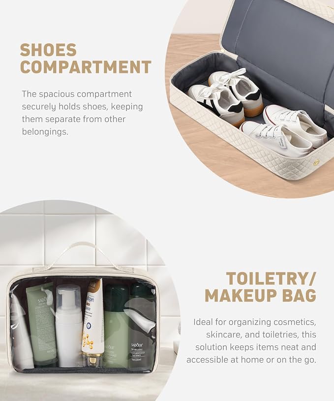 Duffle Bag for Travel, 40L Weekender Bag with Shoe Compartment, Carry On Overnight Bag for Women with Toiletry Bag Duffel Bags with Wet Pocket for Gym Hospital Bags for Labor and Delivery Beige - Image 4