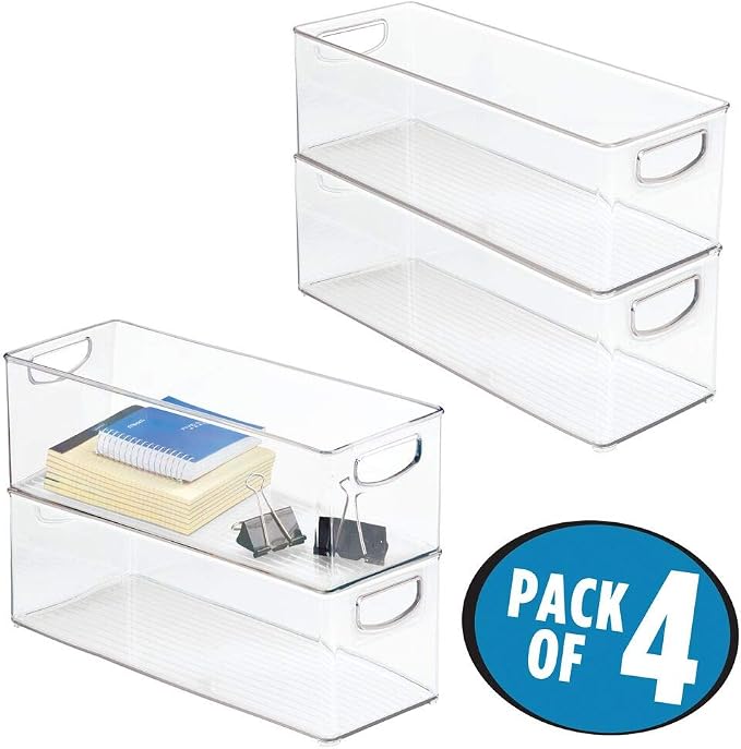 mDesign Plastic Office Supply Organizer - Storage Holder Bin with Handles for Desk Drawer, Cabinet - Pencil, Pen, Envelope and Supplies Container Basket - Ligne Collection - 4 Pack - Clear - Image 2